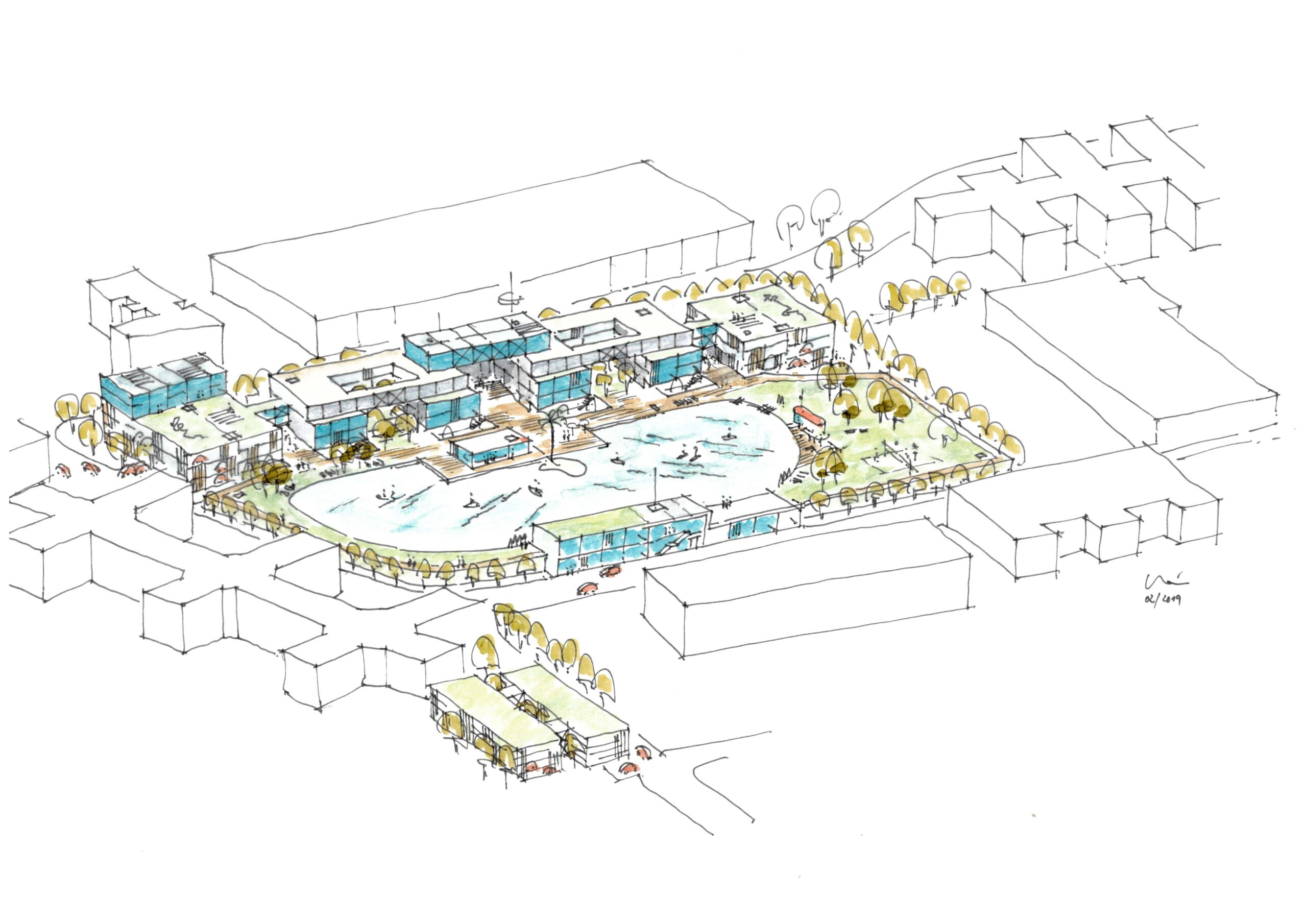 Skizzenhafte Darstellung der Wellenanlage Hallbergmoos mit blauem Wasser, umlaufenden Grünflächen und Baumreihen, Gebäudekomplexen im Umfeld