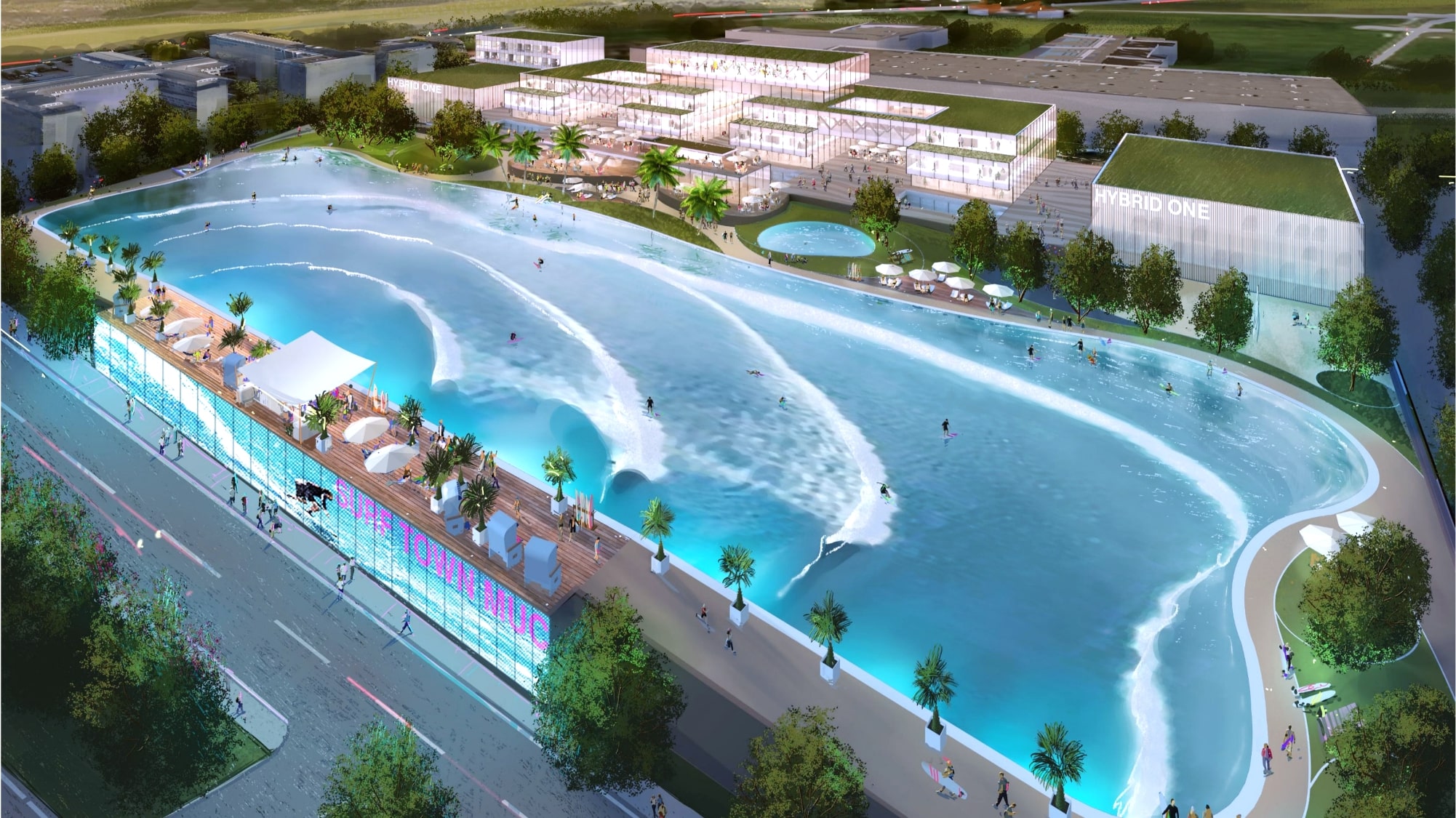 Surftown Surfpark Rendering am MABP Munich Airport Business Park; großflächiger Wellenbecken-Komplex mit Palmen, Gehwegen, gläsernen Fassaden und Sitzbereichen, architektonische Landschaftsgestaltung