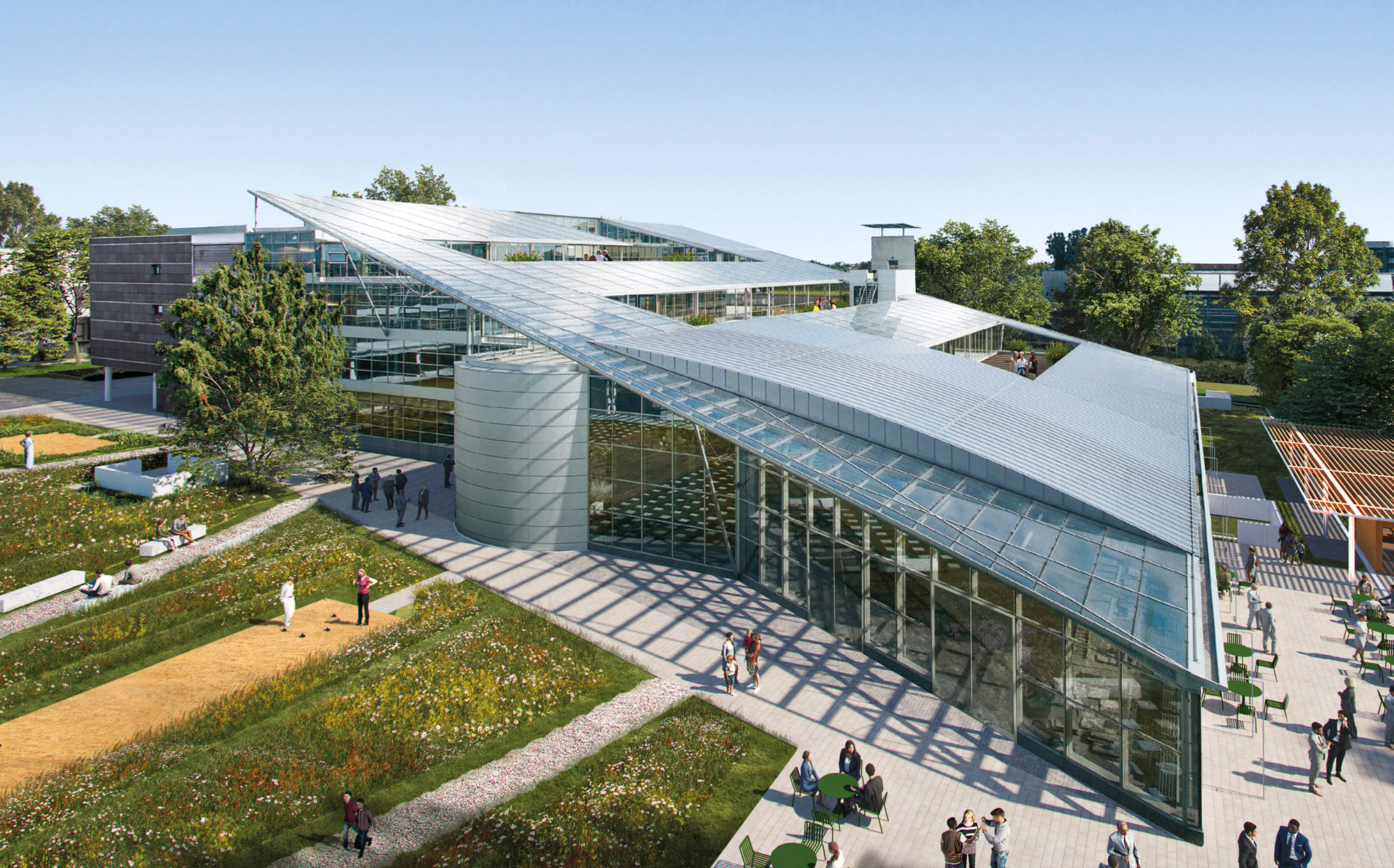 Powerhouse Company Hub am MABP-Standort: Gartenartig gestalteter Außenbereich mit Glasfronten, Stahlkonstruktionen und passendem Grünraum, Besucher im Freien.