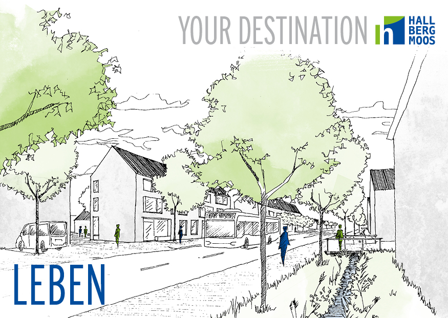 Skizzenhafte Straßenszene mit Bäumen, Gebäuden und Fußgängern; urbanes Lebensumfeld, Schriftzug LEBEN und urbane Strategien, Bildlogo MABP/Hallberg Moos