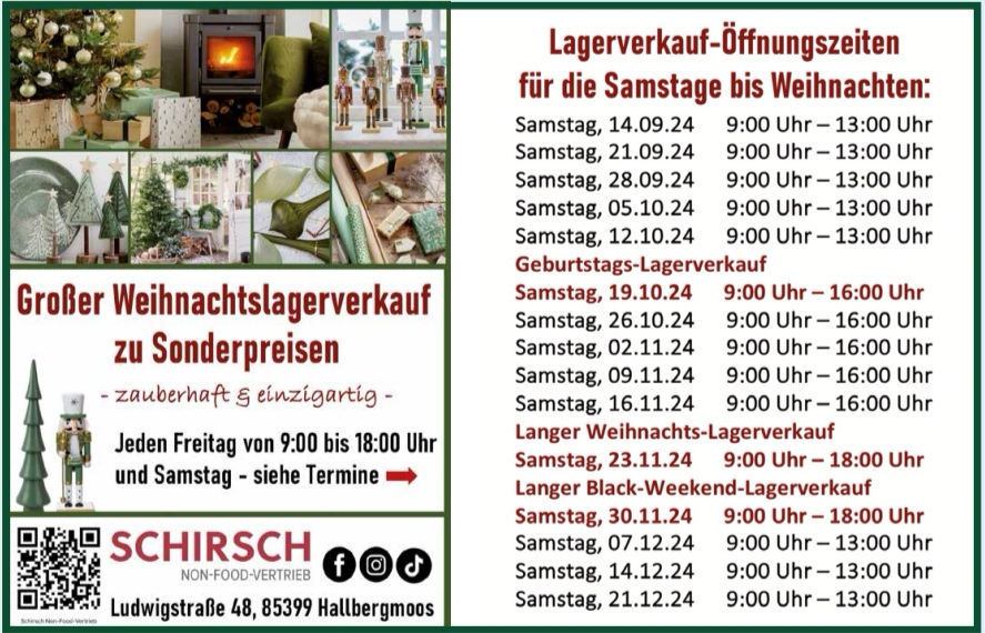 Wer umfangreich und günstig für Weihnachten einkaufen möchte, kann das bis 21.12.24 im Lagerverkauf von Non-Food-Vertrieb Schirsch tun.