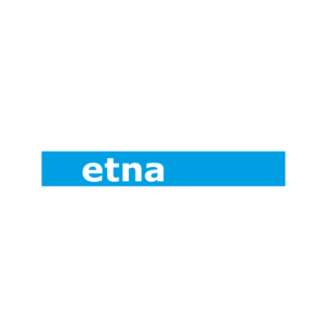 Logo von Etna in schwarzer Schrift mit blauem Hintergrund.