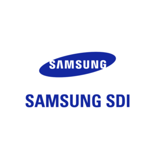 Logo von Samsung SDI in blauer Schrift auf schwarzem Hintergrund.