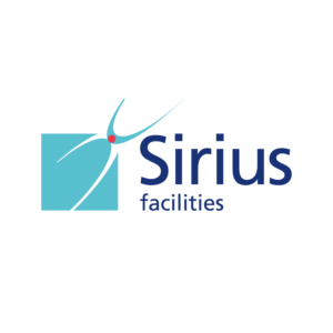 Logo von Sirius facilities mit einem stilisierten Symbol und dem Schriftzug in blauer Schrift.