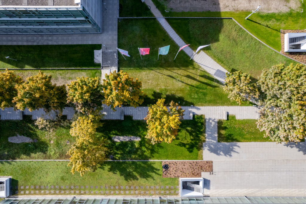 Luftaufnahme eines gepflegten Parks mit Bäumen und Gehwegen im MABP.