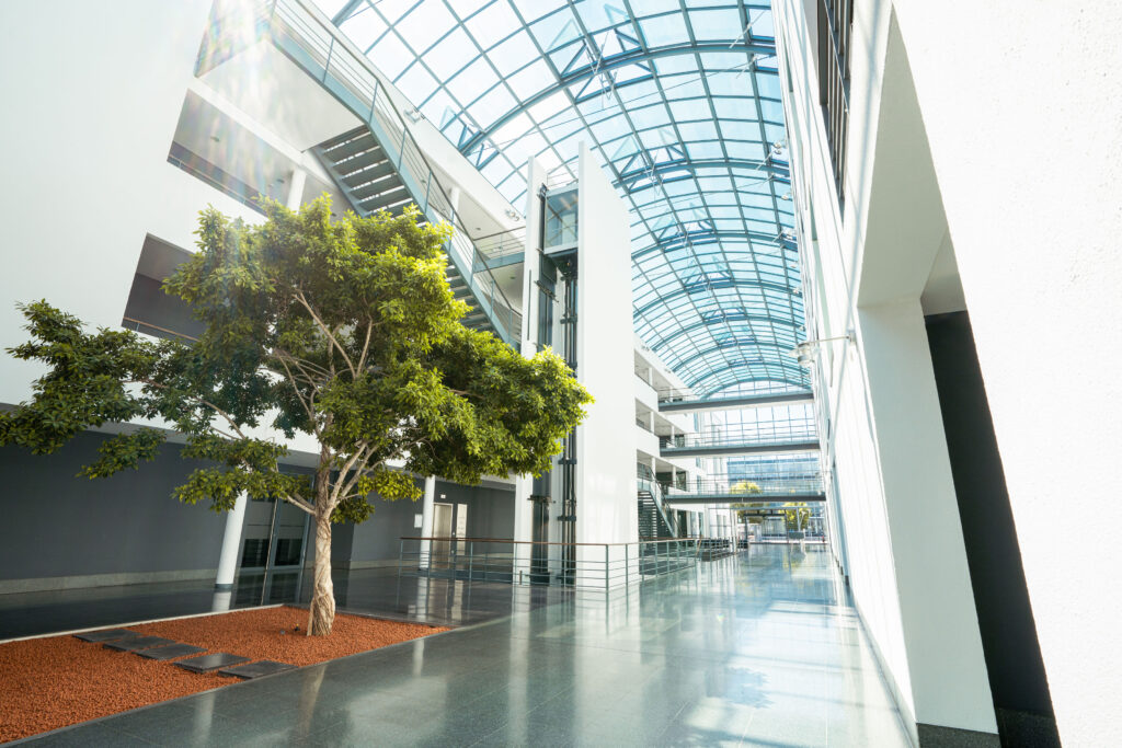 Innenansicht eines modernen Gebäudes mit Glasdach und einem Baum im Innenhof.