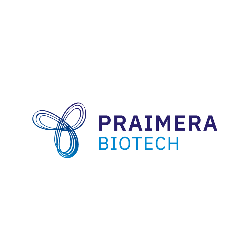 Logo von Praimera Biotech mit einem stilisierten, blauen Design auf schwarzem Hintergrund.