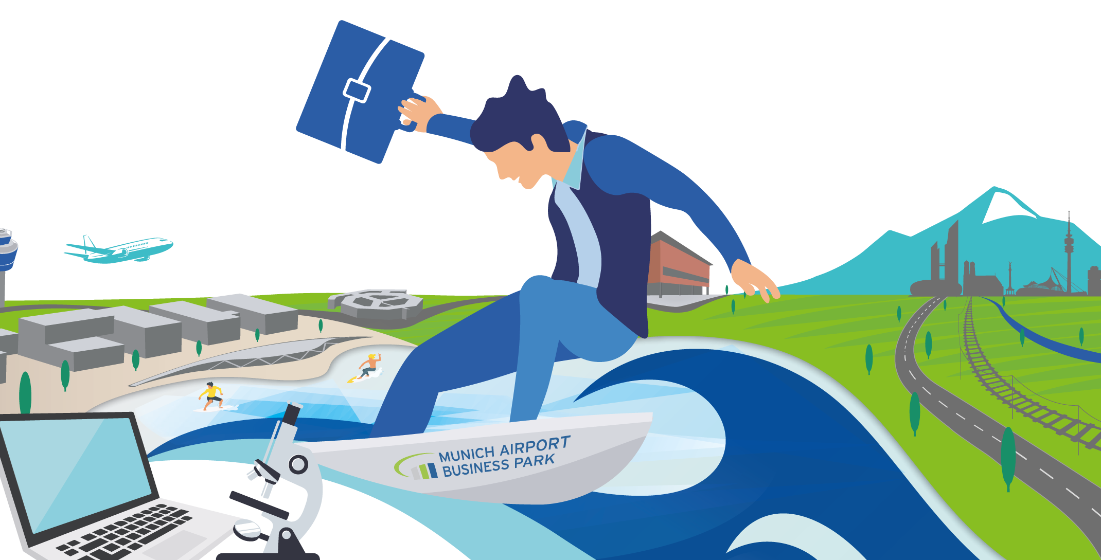 Mann in Anzug surft auf einer Welle mit einer Aktentasche, mit dem Logo von Munich Airport Business Park.