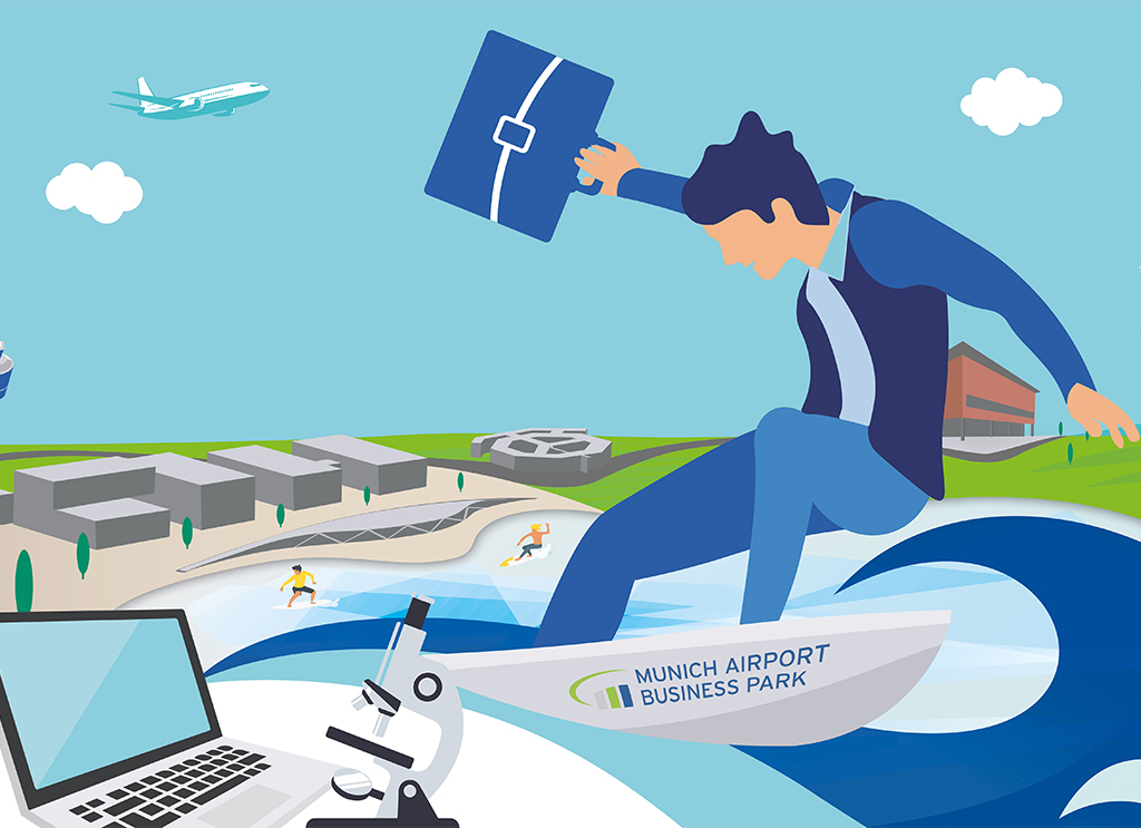 Cartoonillustration des Munich Airport Business Park (MABP): eine stilisierte Person im Anzug wirbelt einen Aktenkoffer, im Hintergrund Flugzeug, Gebäude und Boot mit Logo